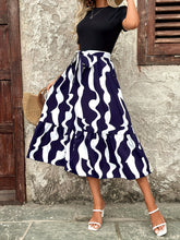 Printed Round Neck Short Sleeve Midi Dress Dark Blue OutfitFlow